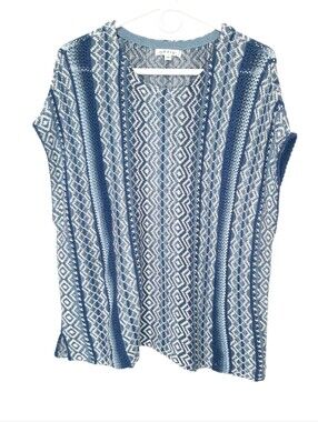 Orvis Cotton Linen Oversized Knit Poncho Sweater Top Blue White Womens Size XS